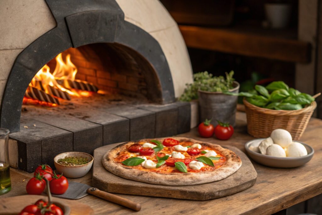 Wood-fired pizza cooking in a traditional pizza oven