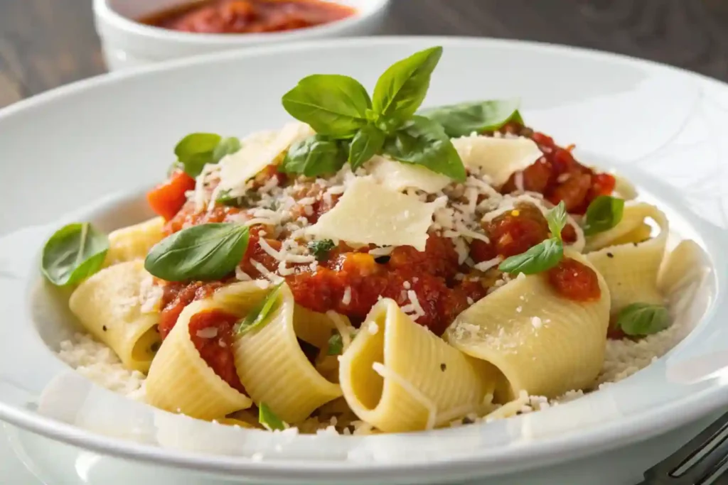 Lumache pasta served with marinara sauce and garnished with basil and Parmesan