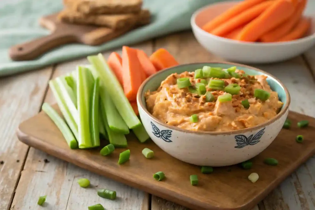 Healthy buffalo chicken dip served with fresh vegetable sticks