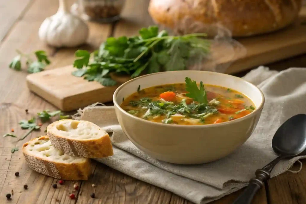 A bowl of finished village soup garnished with herbs and served with crusty bread