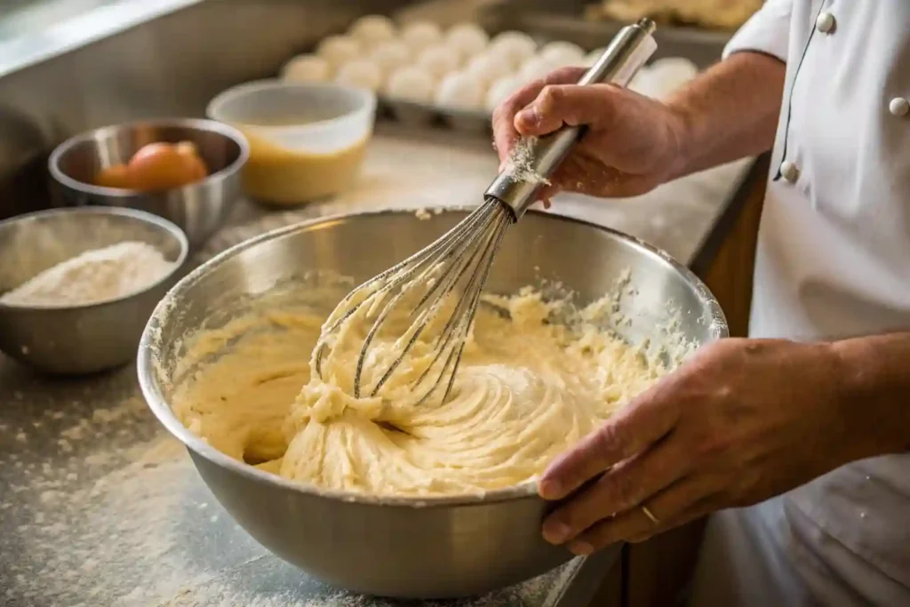 "Baker mixing batter for gourmet cupcakes with high-quality ingredients