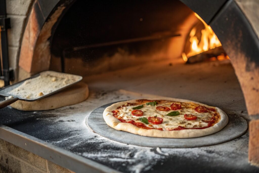 Pizza stone being used in a wood-fired oven