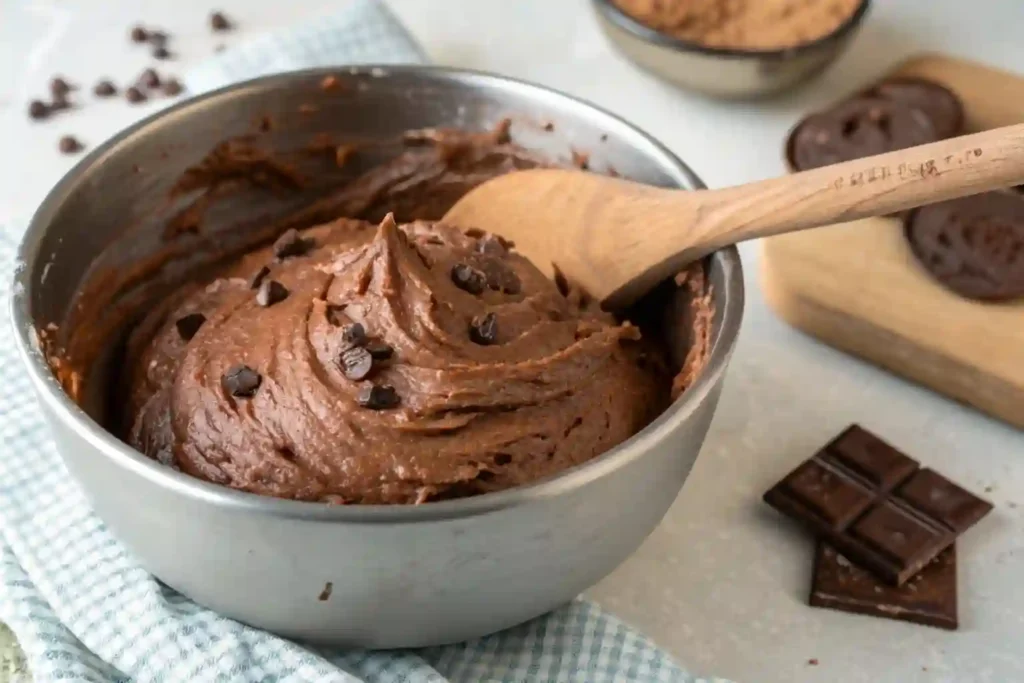 Chocolate sourdough dough in a mixing bowl, showcasing its sticky texture and rich chocolate color.