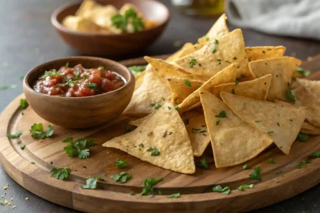 A colorful assortment of healthy dips with tortilla chips on a rustic table