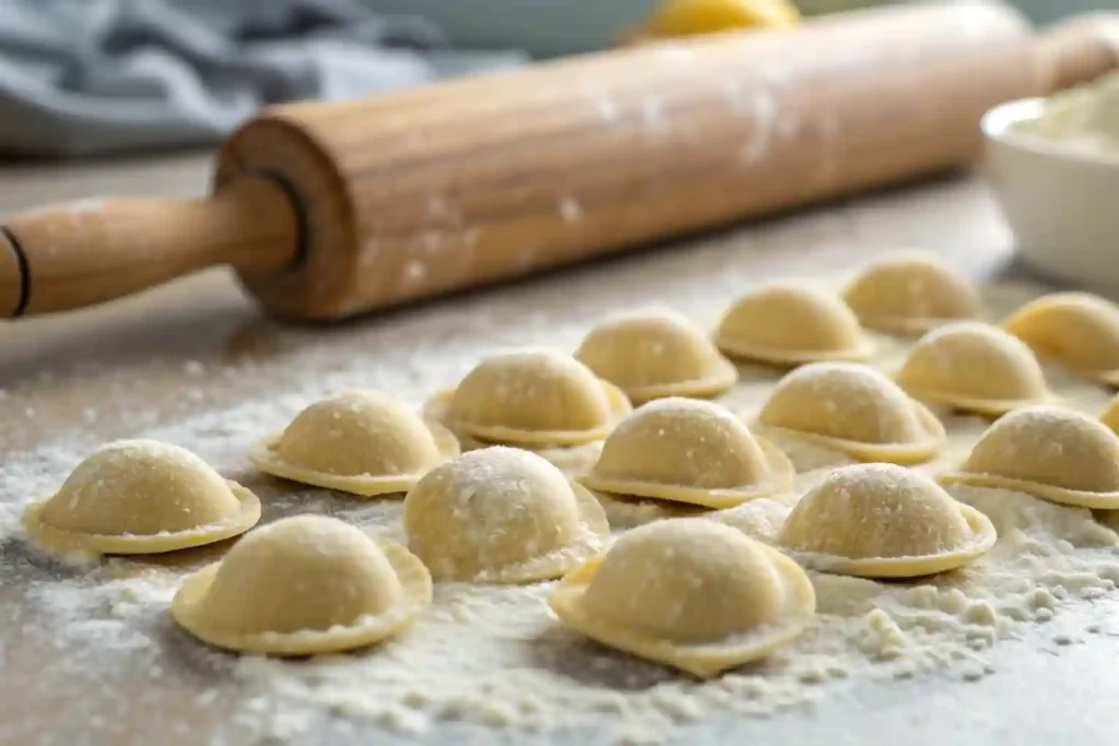 Freshly made lumache pasta shaped like shells on a floured surface