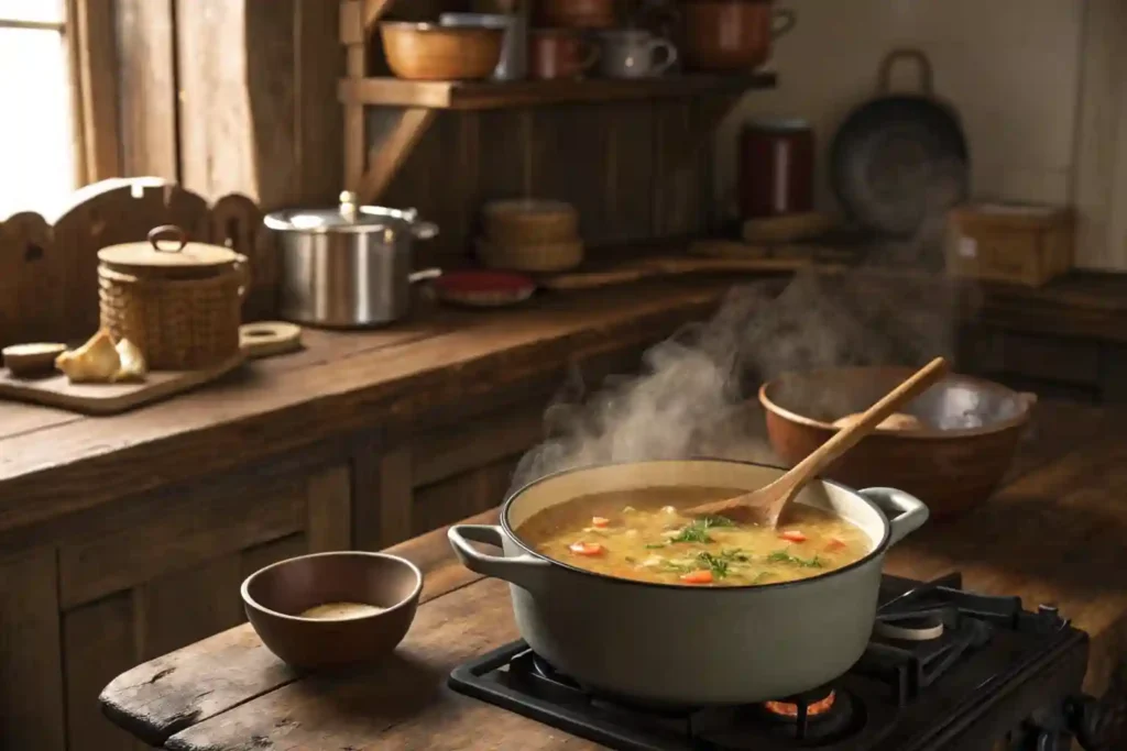 A pot of village soup simmering on the stove in a cozy kitchen