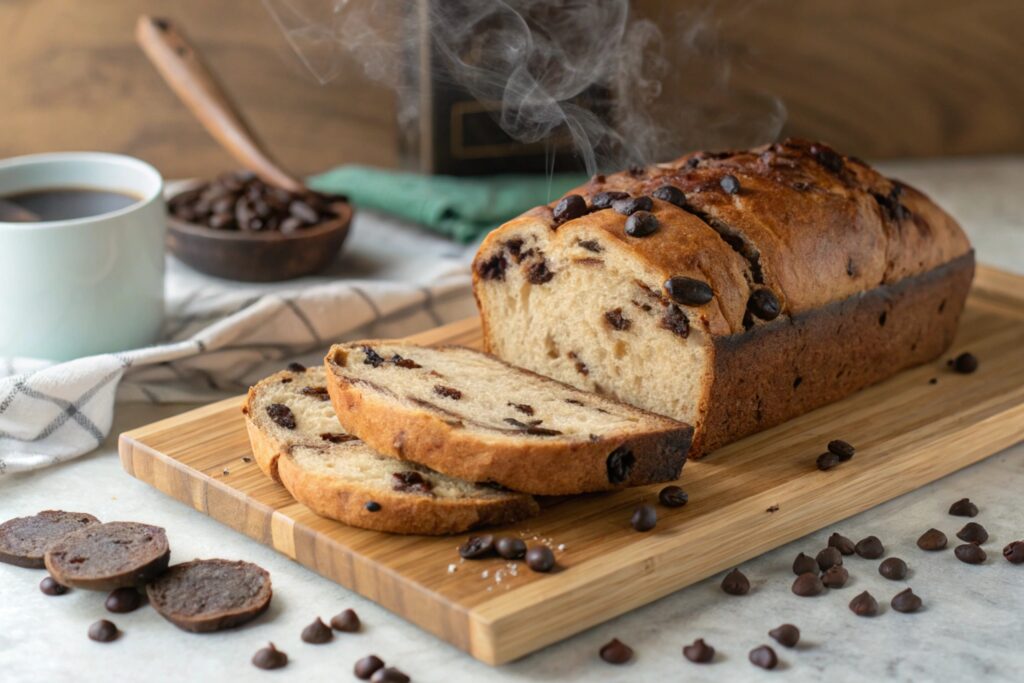 Freshly baked chocolate sourdough bread loaf with a slice cut, revealing its soft interior and chocolate chips