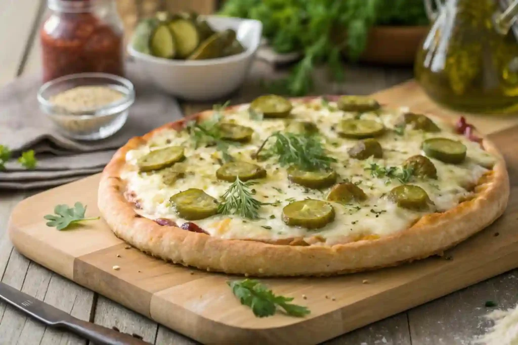 "Delicious homemade pickle pie pizza with melted cheese and pickles