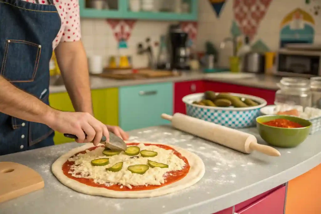 A person preparing pickle pie pizza by adding pickles and cheese to rolled-out dough