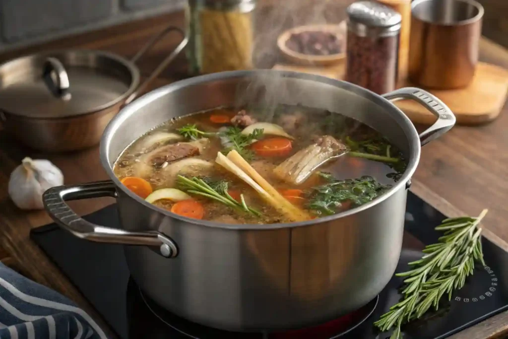 Simmering broth with soup bones and vegetables on the stove