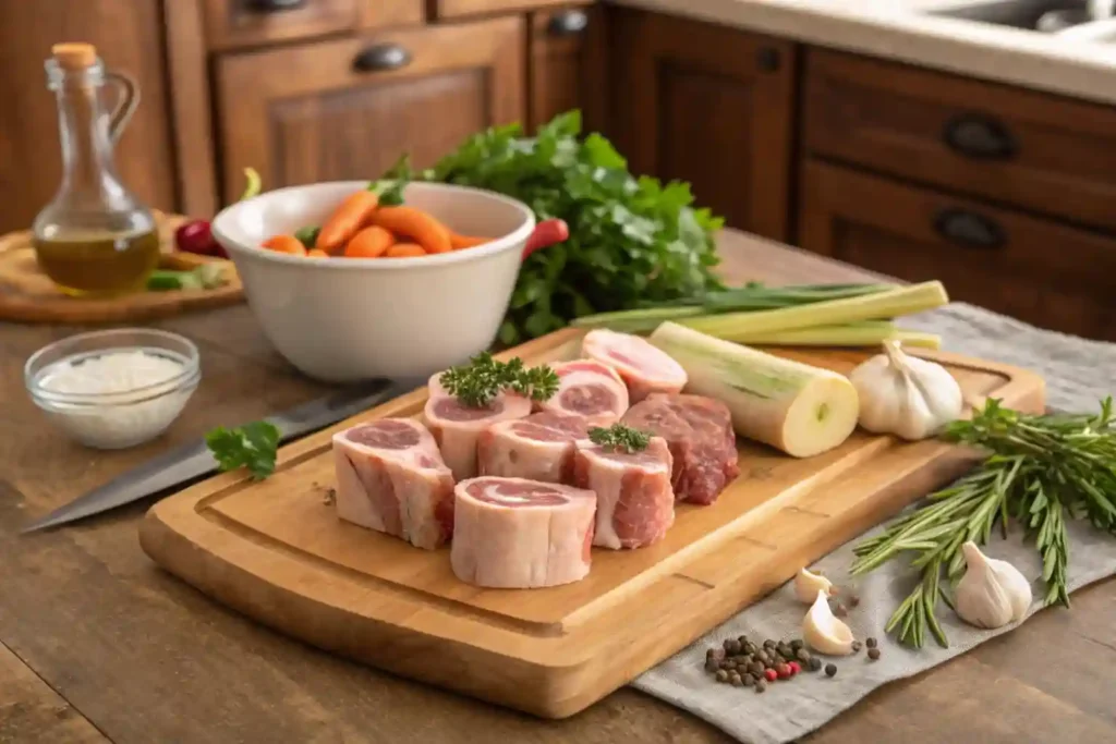 Raw soup bones on a cutting board with fresh herbs and vegetables