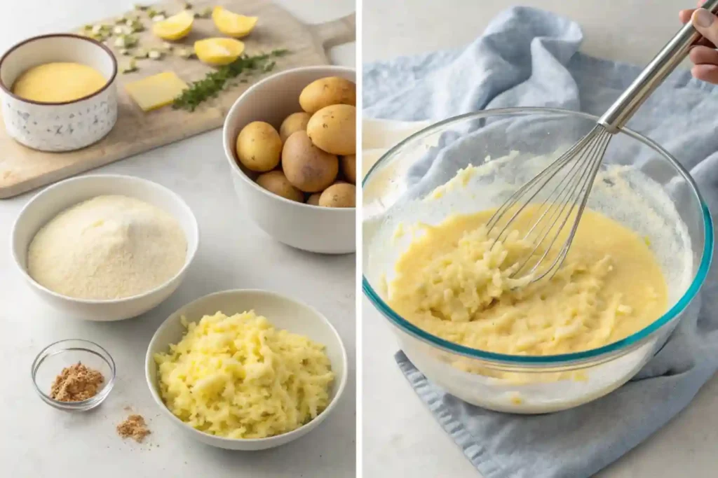 Step-by-step preparation of Passover potato pie, including grating potatoes and mixing ingredients