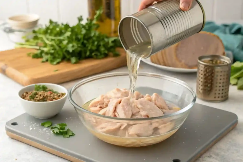 Rinsing canned chicken in a colander under running water.