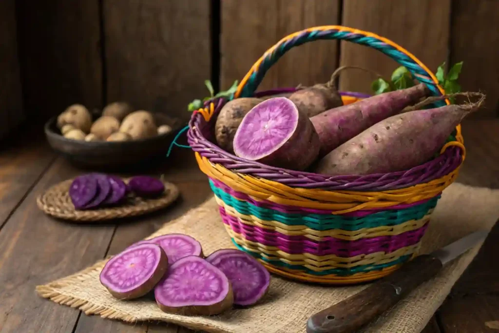 Fresh Murasaki sweet potatoes in a basket