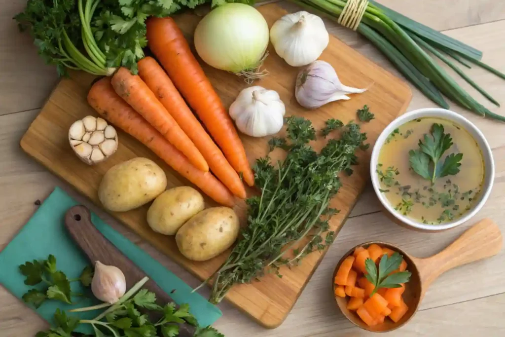 Fresh ingredients for village soup including carrots, potatoes, onions, garlic, and herbs