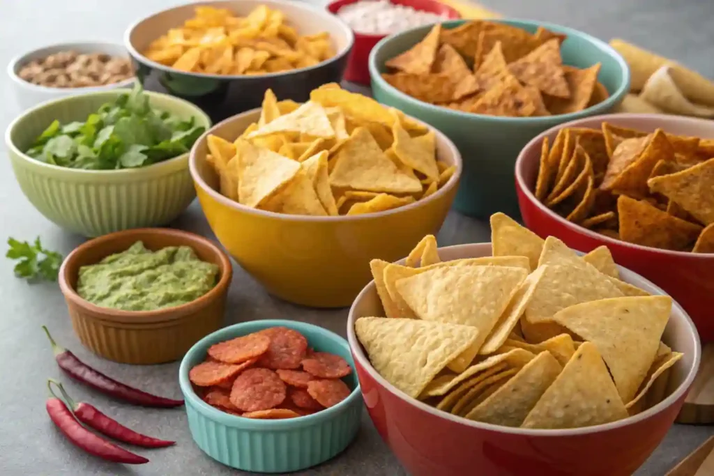 A variety of tortilla chips including corn, whole grain, and flavored options in colorful bowls