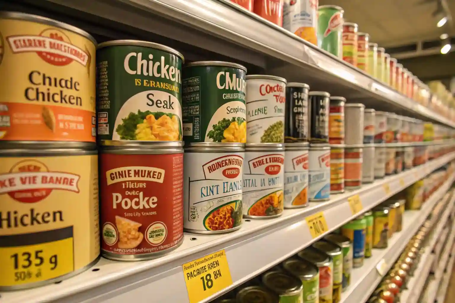 Variety of canned chicken brands on a grocery store shelf