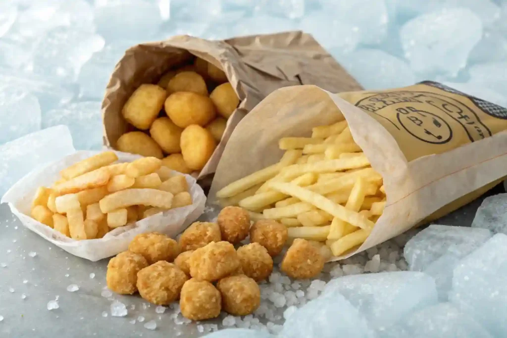 Bag of frozen potatoes including fries, tater tots, and hash browns