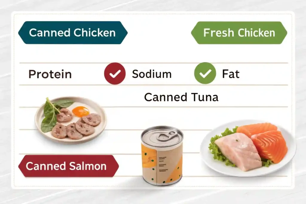 Nutritional comparison chart of canned chicken, fresh chicken, canned tuna, and canned salmon.