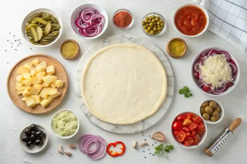 Ingredients for making pickle pie pizza, including pickles, cheese, and pizza dough