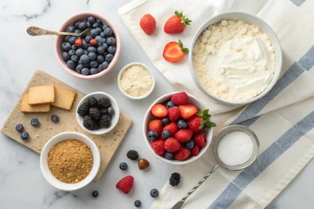 Ingredients for high protein healthy cheesecake bites including Greek yogurt, cottage cheese, and almond flour