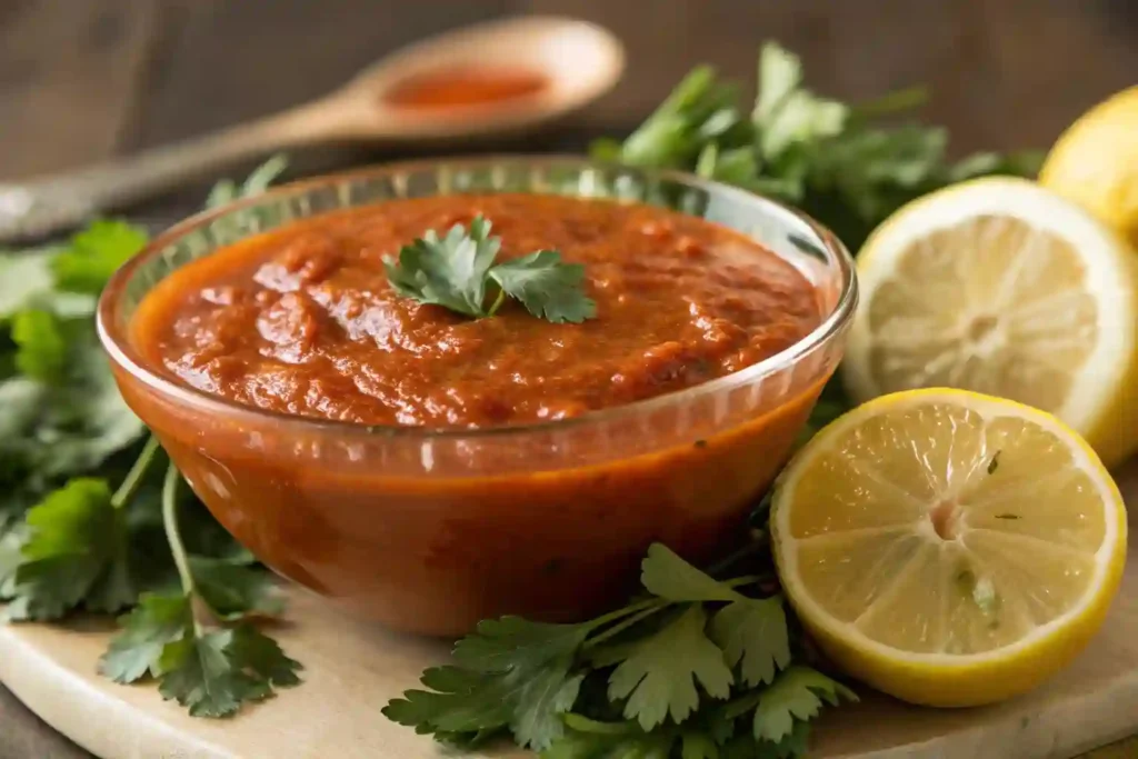 A bowl of seafood boil sauce with fresh herbs and lemon wedges