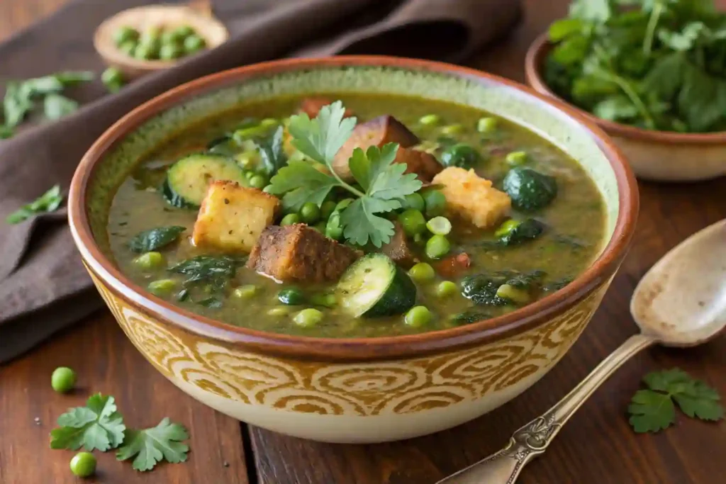 A colorful bowl of swamp soup with herbs and croutons