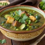 A colorful bowl of swamp soup with herbs and croutons