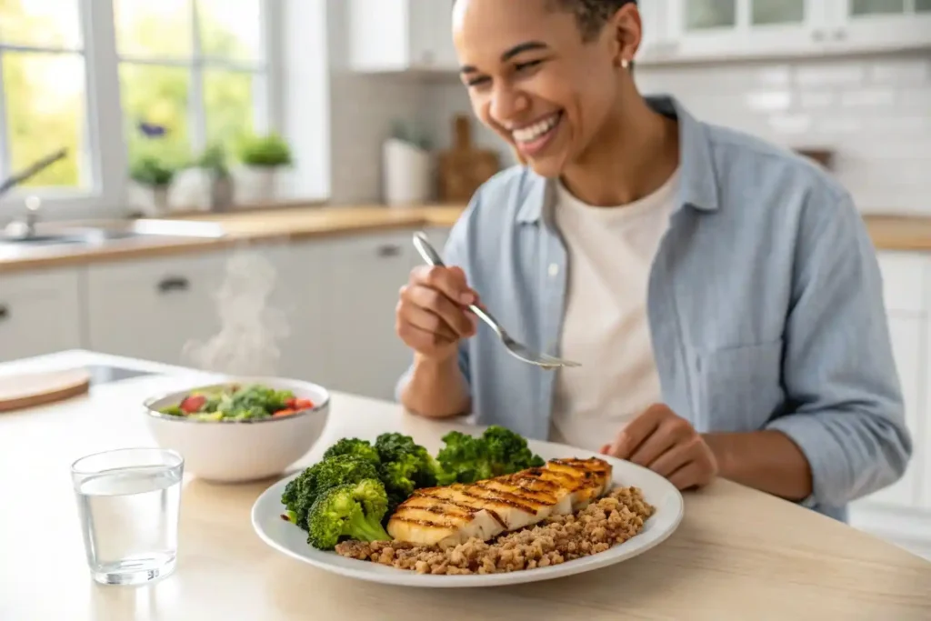 A person enjoying a Healthy Choice frozen meal at a dining table in a modern kitchen