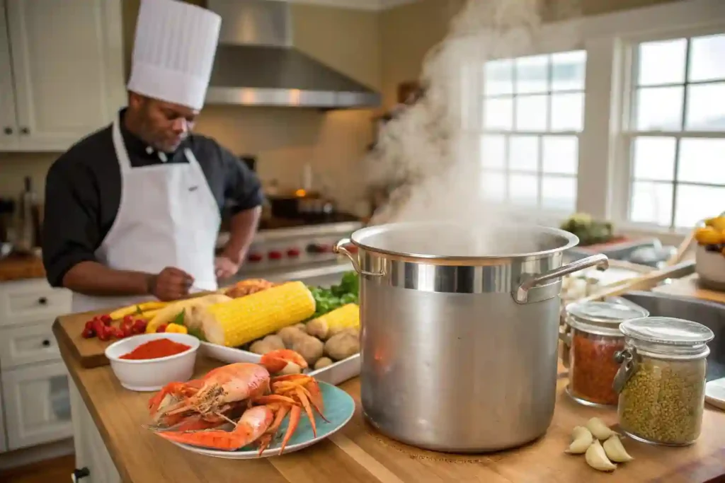 A chef adding spices to a pot of boiling water for a seafood boil.