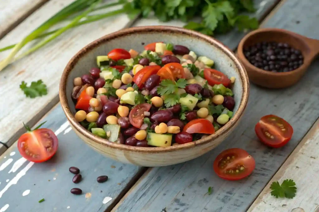 A colorful dense bean salad in a bowl with fresh vegetables and herbs.