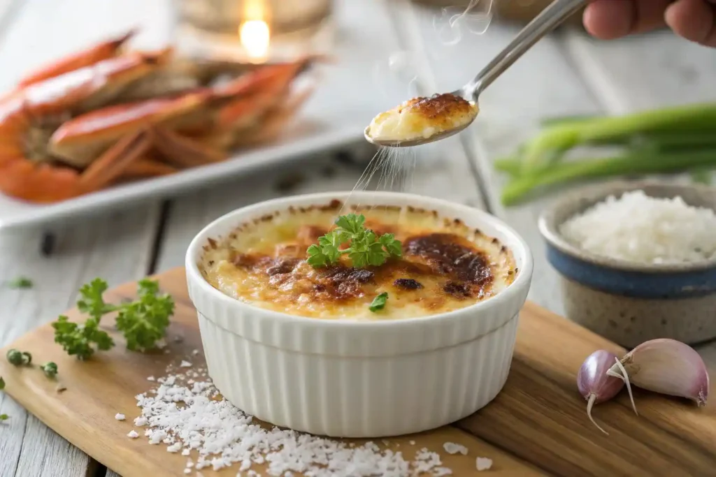 Close-up of a beautifully plated crab brulee in a white ramekin with a caramelized golden-brown crust, garnished with fresh chives and parsley, placed on a rustic wooden table with blurred hints of crab claws and lemon slices in the background.