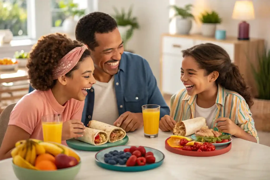 Family enjoying Toasty’s Breakfast Burritos together