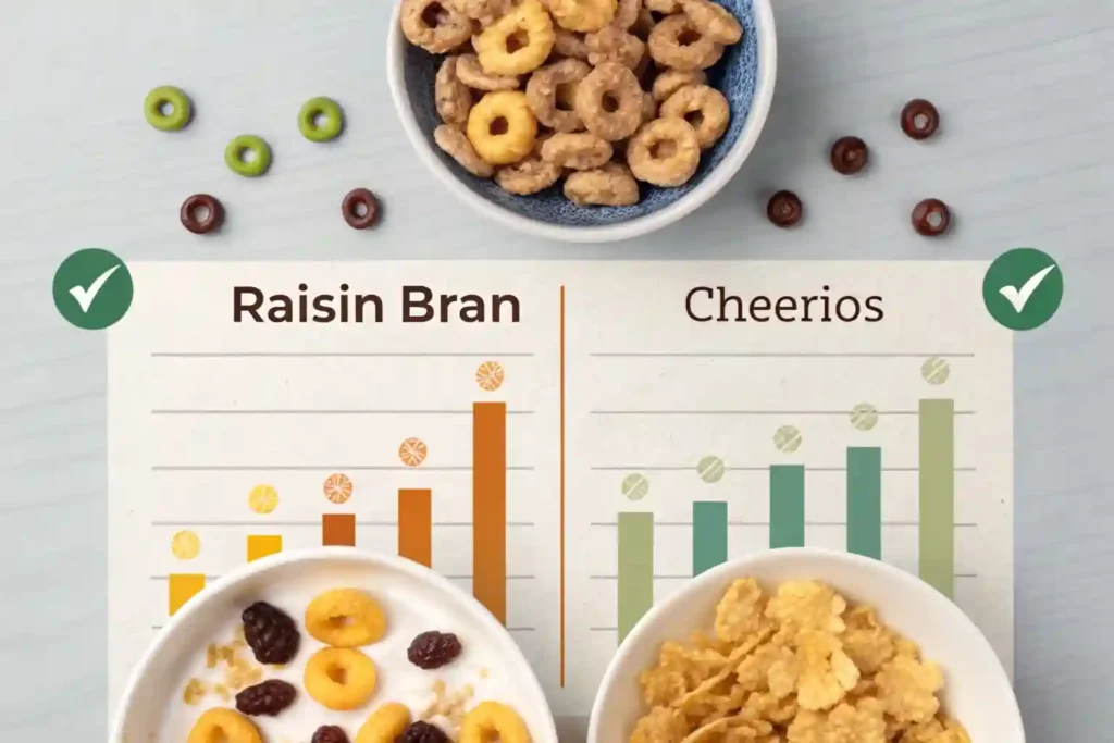 Nutritional breakdown of Raisin Bran showing calories, fiber, sugar, and vitamins