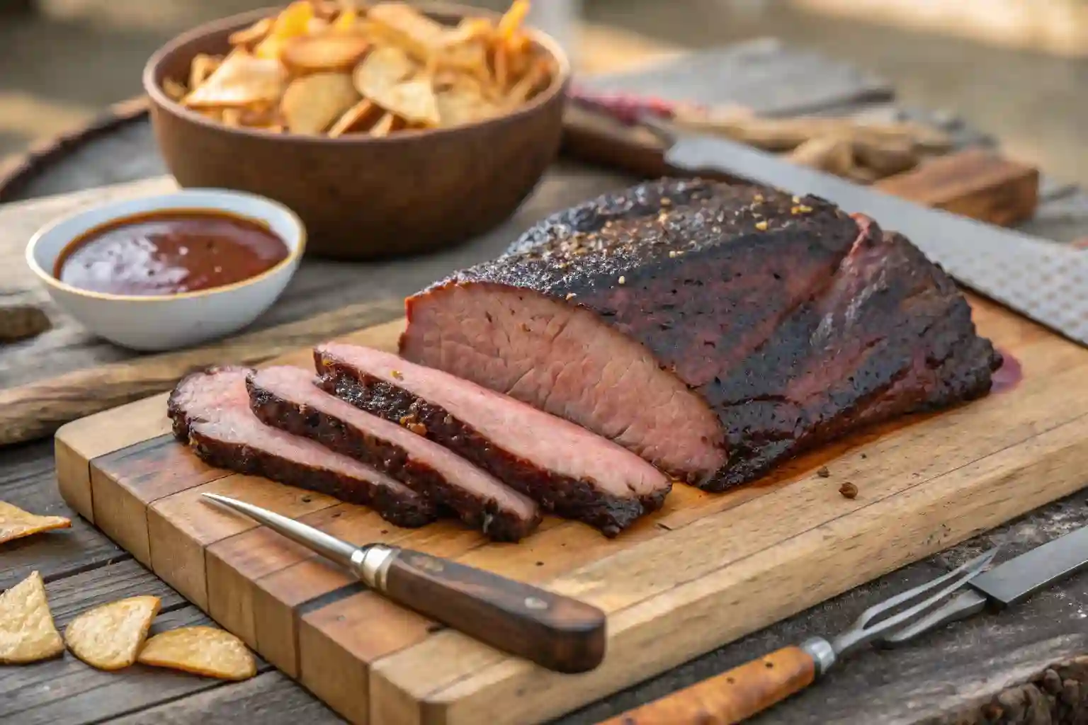 Juicy smoked brisket sliced on a wooden cutting board with BBQ tools and sauce