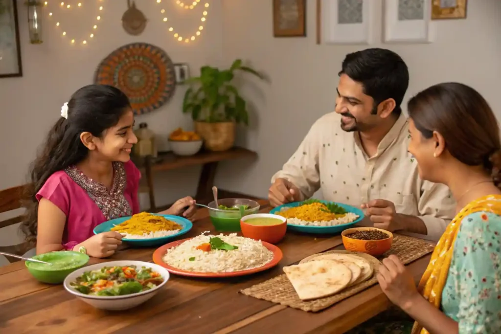 A family enjoying a meal of healthy Indian dishes around a dining table, showcasing colorful plates and a warm atmosphere that reflects the joy of sharing food together