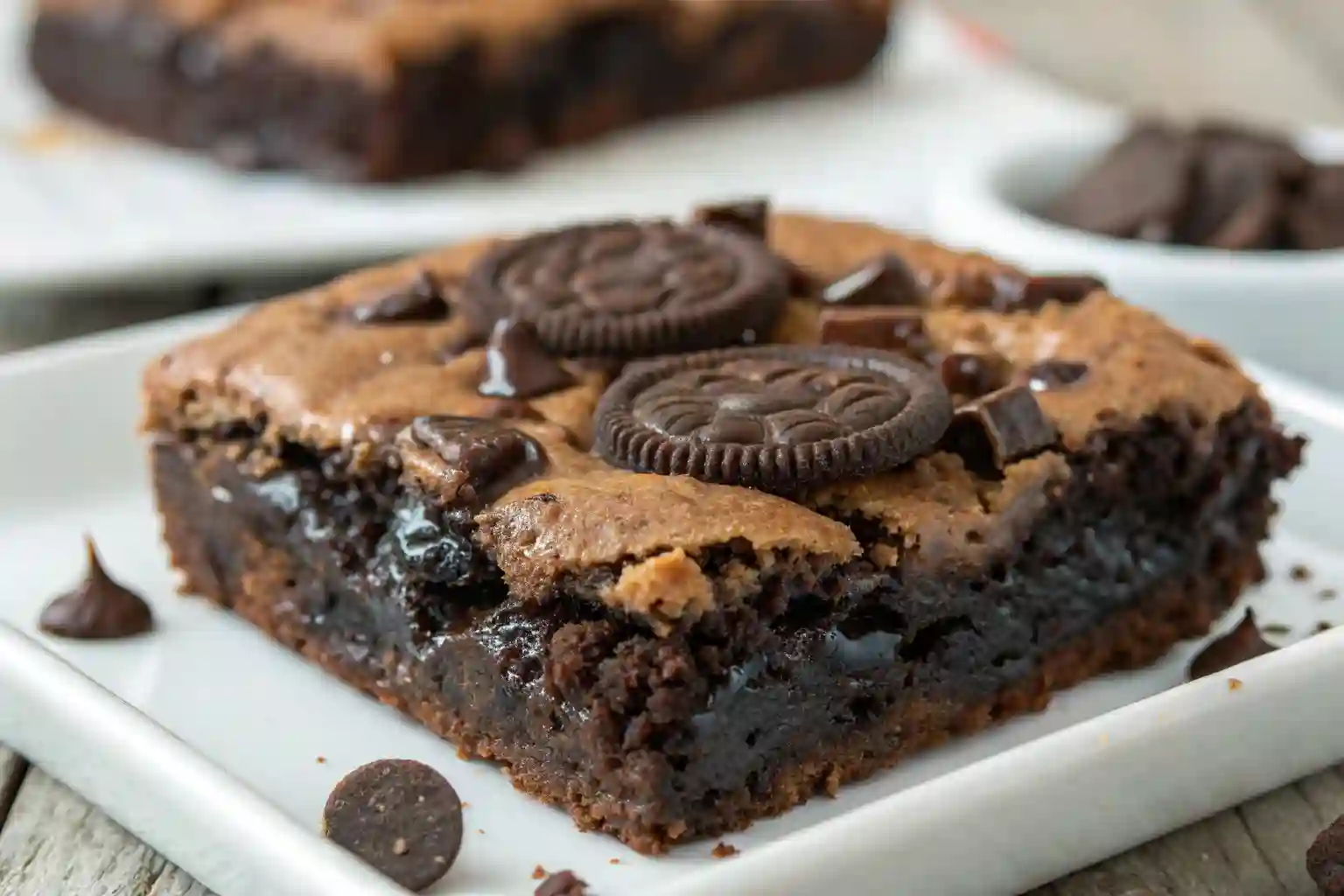 A close-up of a delicious slutty brownie, showing the layers of brownie, Oreo, and cookie dough