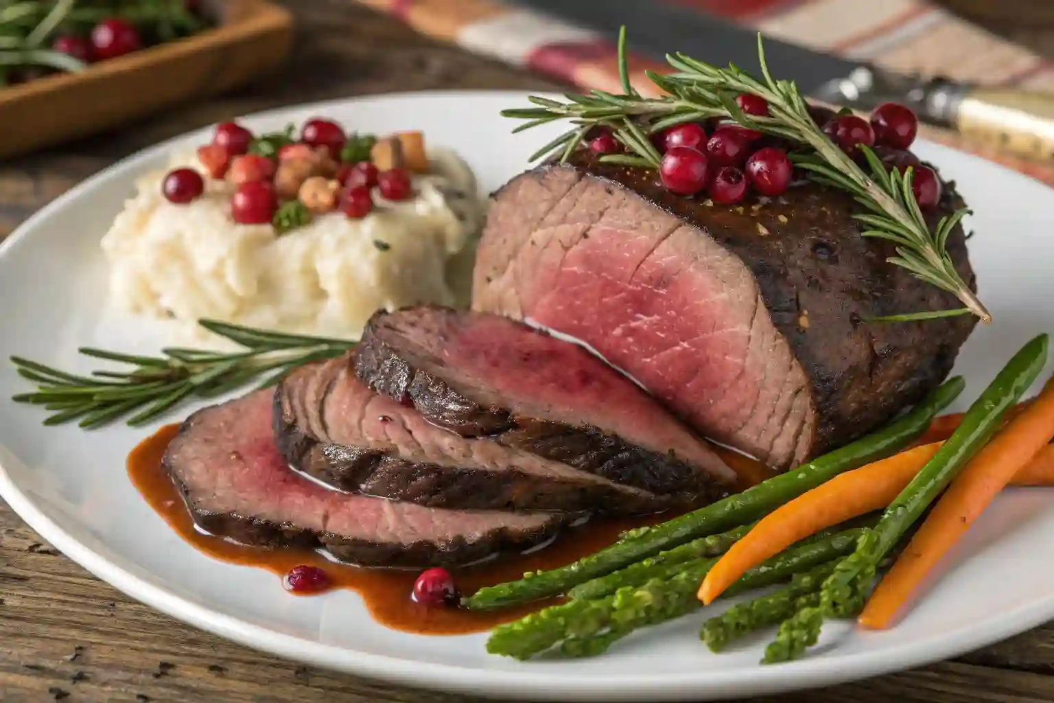 Plated venison roast with vegetables and herbs.