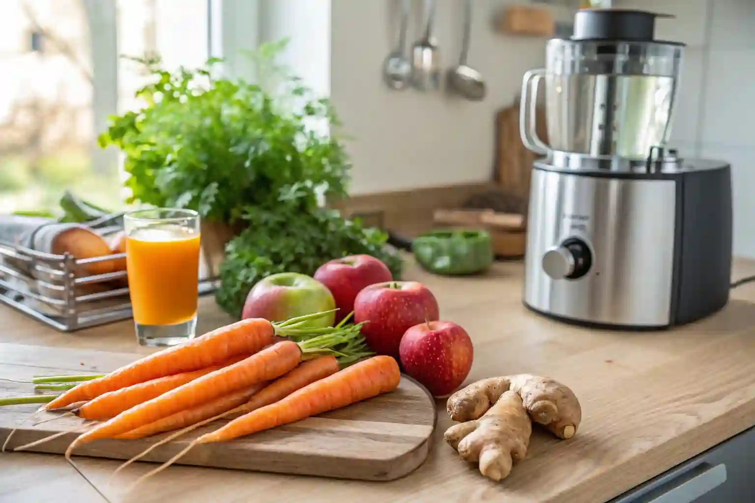 Fresh organic carrots, apples, and ginger ready for juicing