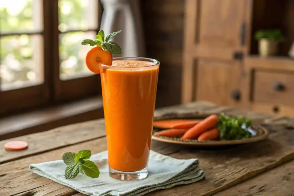 A refreshing glass of homemade carrot juice garnished with min