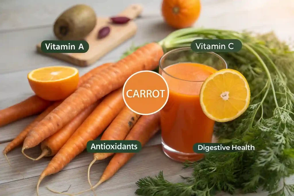 Infographic showing the health benefits of carrot juice