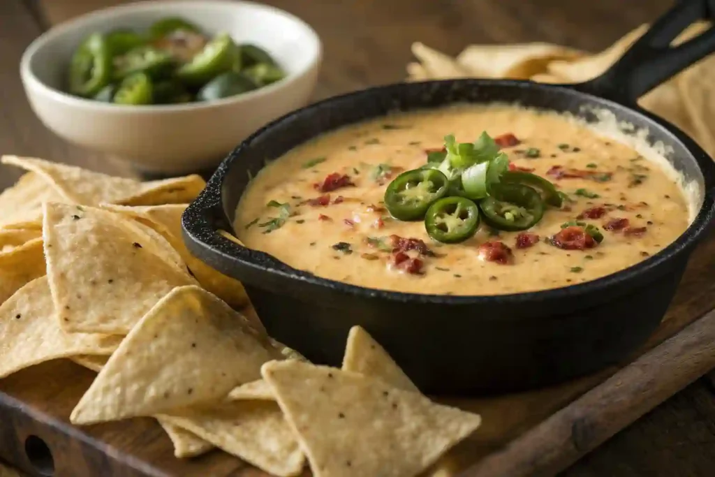 Serving platter with smoked queso and various dippers including tortilla chips, vegetables, and bread