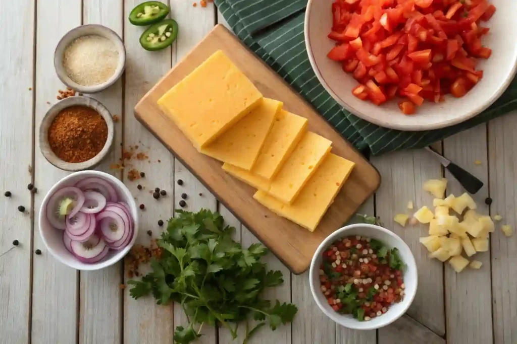 Ingredients for smoked queso including cheese, tomatoes, jalapeños, and spices arranged on a wooden table.