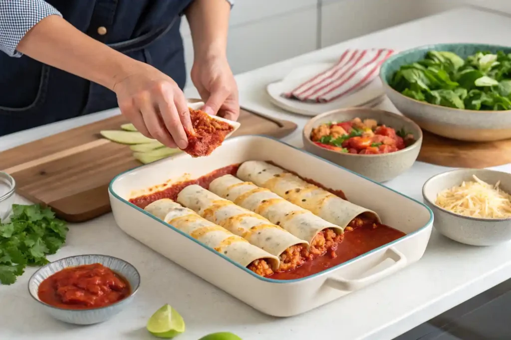 A chef assembling healthy enchiladas in a baking dish