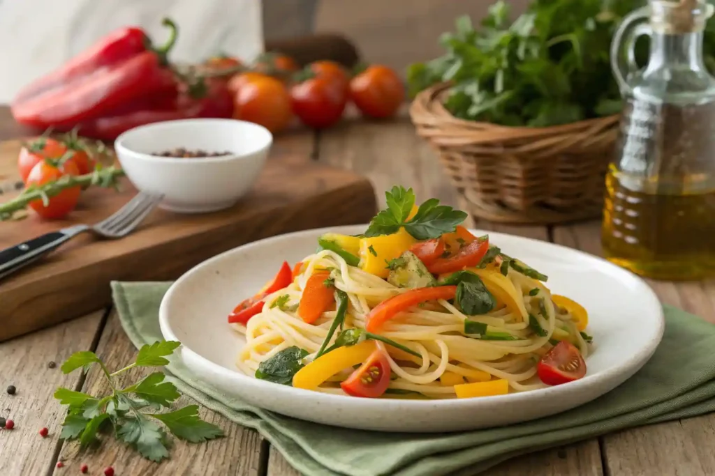 A plate of colorful skinny pasta with vegetables.