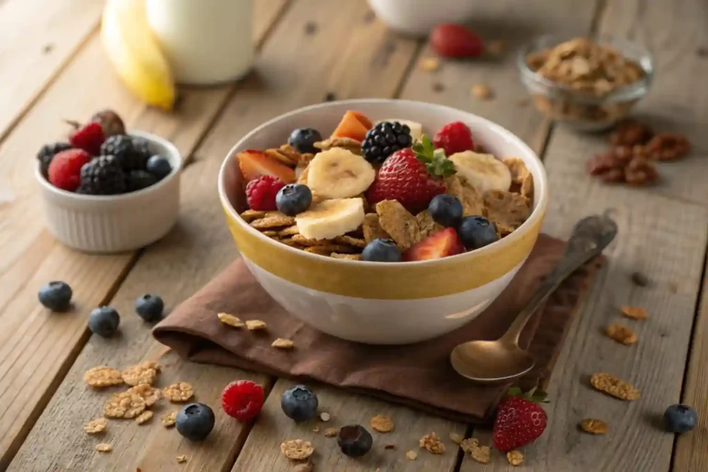 "Bowl of Raisin Bran topped with fresh fruits like bananas and berries