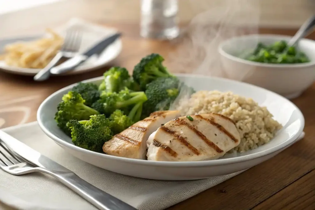 Healthy Choice frozen meal served on a white plate with grilled chicken, broccoli, and brown rice