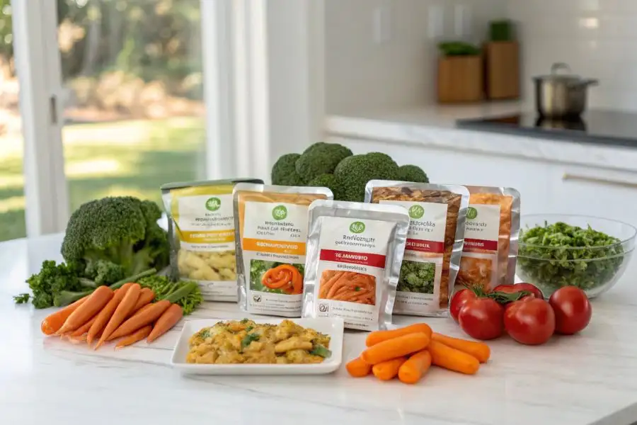 A table with Healthy Choice frozen meals surrounded by fresh vegetables like broccoli and carrots.