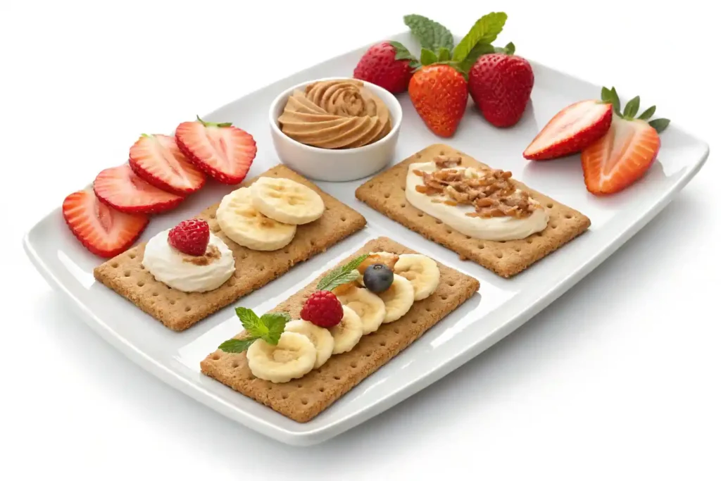 Graham crackers paired with healthy toppings like nut butter, yogurt, and fresh fruit