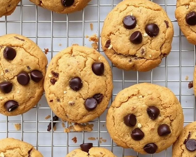 Freshly baked crookie recipe cooling on a wire rack, showcasing their chewy texture and chocolate chip topping